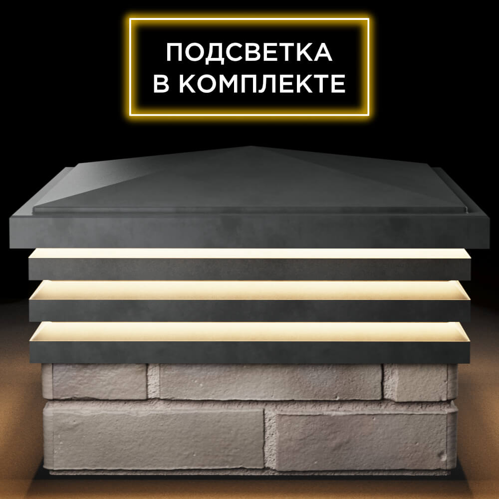 Колпак Zking Бона ХайТек Серый на столб 1.5х1.5 кирпича (385х385мм) с подсветкой Магнитогорск фото
